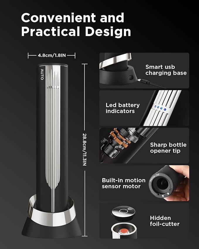 Newise Luxury Automatic Electric Wine Opener with Charging Base, Built-in Foil Cutter - Rechargeable Wine Bottle Opener | Gift for Wine Lovers