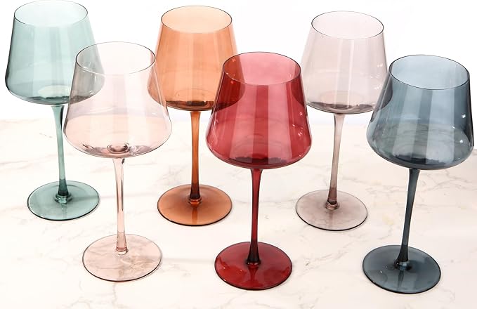 Colored Wine Glasses Set of 6, Large 16oz Hand Blown Crystal Wine Glassware, Stemmed Colorful Wine Glasses - Red & White, Modern & Elegant for Friends,Family,Wedding,Anniversary,Christmas,Birthday