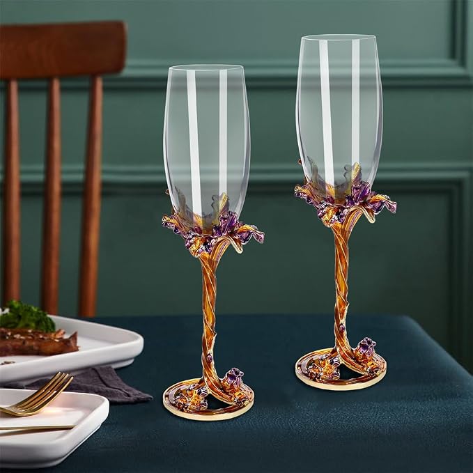 SUQ I OME Enamel Wine Crystal Champagne Flutes Glasses Set of 2, Decorative Enamel Champagne Glasses, Gifts for Brides and Grooms, Wedding, Valentine, Anniversary, Birthday