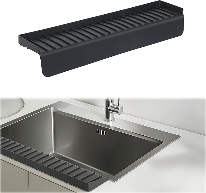 Sink Edge Protectors for Kitchen Single and Double Sink,Kitchen Sinks Splash Guard Can be Cut and Diy,Silicone Edge Protector Sinks With 5° Tilt (BLACK, 24IN)