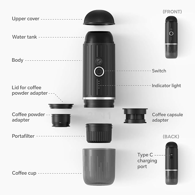 i Cafilas Portable Electric Espresso Coffee Maker Electric Coffee Machine Compatible with NS Capsules and Coffee grounds for Camping, Travel, Home【Heating version】