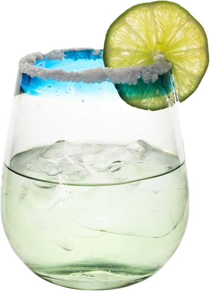 Aqua Blue Rim Hand Blown Stemless Wine Glasses Set of 6 | 16 oz Mexican Glassware | Hand Blown Mexican Drinking Glasses for Wine, Cocktails & Tequila