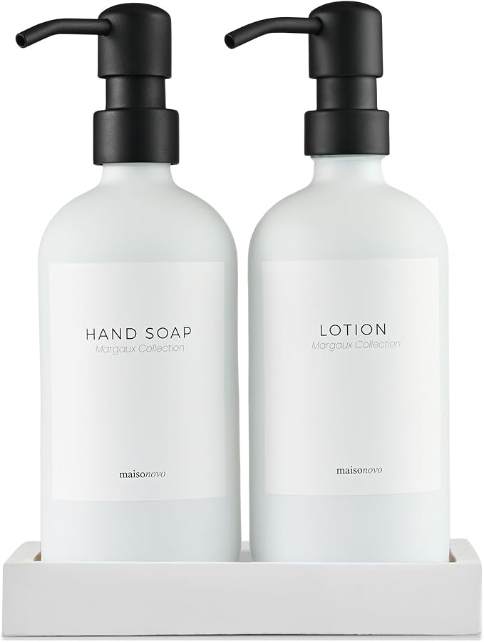 MaisoNovo Bathroom Soap Dispenser Set - Soap and Lotion Dispenser Set with White Soap Dispenser, Black Pumps & Concrete Tray