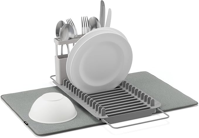 HomeStock Over Sink Dish Rack & Drying Mat - 16 Slot Organizer, Utensil Caddy, Compact Storage