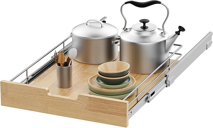 Sikarou Pull Out Cabinet Organizer,Heavy-Duty Slide Out Shelf, Wood And Wire Basket, Pull Out Drawer for for Kitchen Under Sink Space, Pantry, Bathroom (20 * 21 WM)