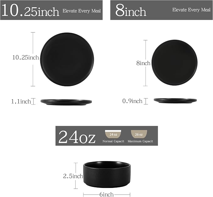 24 Piece Dinnerware Set, Modern Minimalist Stoneware Plates and Bowls Sets, Modern Dinner Plate, Salad Plate, Cereal Bowl, Dish Set for 8, Microwave and Dishwasher Safe, Matte Black