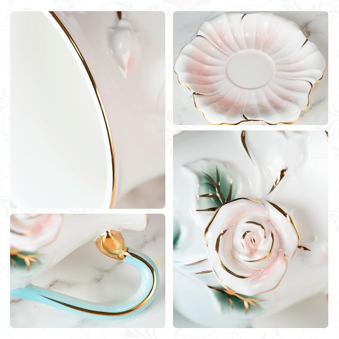 KAMMAK Tea Cups and Saucers Set of 2, Porcelain Coffee Cups, Stackable Espresso Mugs, Ceramic Demitasse for Coffee, Latte, Americano, Tea, Relief - Pink + Orange