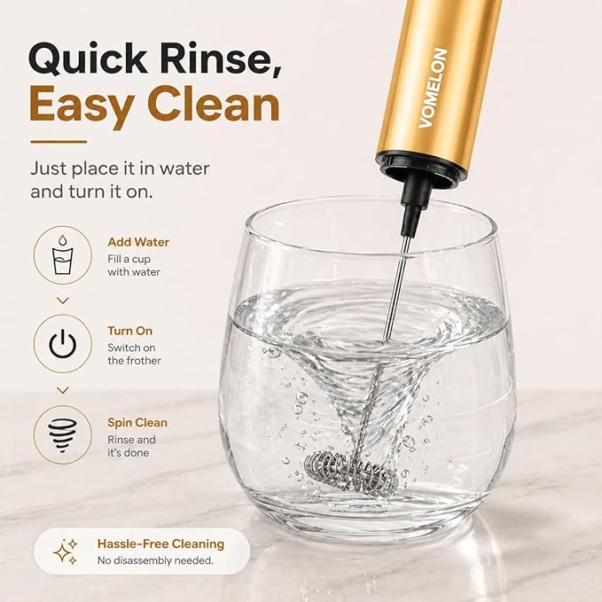 Rechargeable Milk Frother with Stand, Electric Whisks Foam Maker, POWERFUL USB C 2 Speed Handheld Drink Mixer for Coffee, Latte, Cappuccino, Matcha Drinks,Golden
