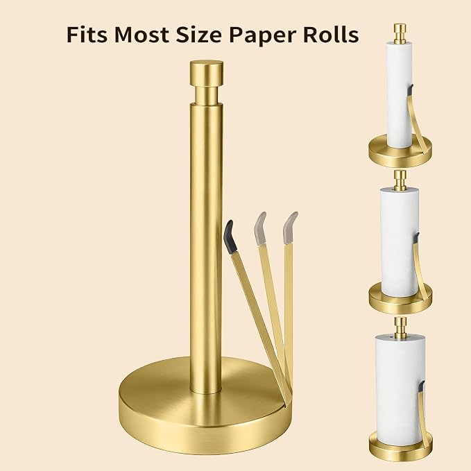 YUMORE Heavy Duty Stainless Steel Paper Towel Holder – Easy One-Handed Tear, Weighted Base Non-Slip, Tension Arm Prevents Unraveling, Countertop Paper Stand for Kitchen, Fits Most Size Rolls (Gold)