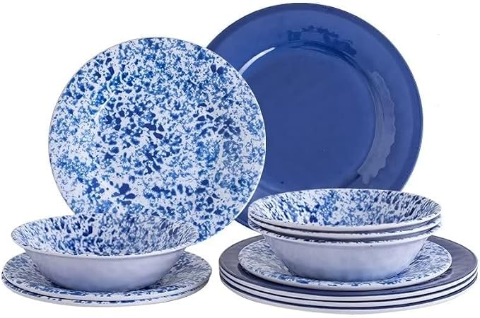 Melamine Dinnerware Set, 12 Piece Service for 4, Blue and White Porcelain Tableware Dishes for Indoor and Outdoor Use, Unbreakable Plates and Bowls Sets, Dishwasher Safe BPA Free