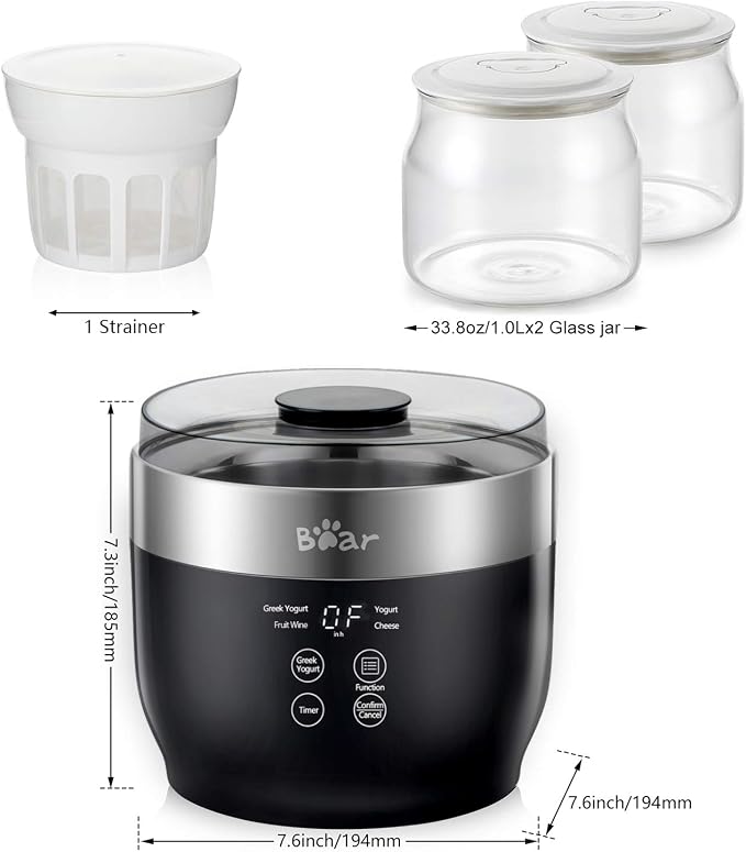 Bear Yogurt Maker, Greek Yogurt Maker Machine with Strainer and Timer Control, Stainless Steel Inner Pot, Automatic Digital with 2 Glass Jars 1 Quart for Home Organic Yogurt, Cheese, Fruit Wine