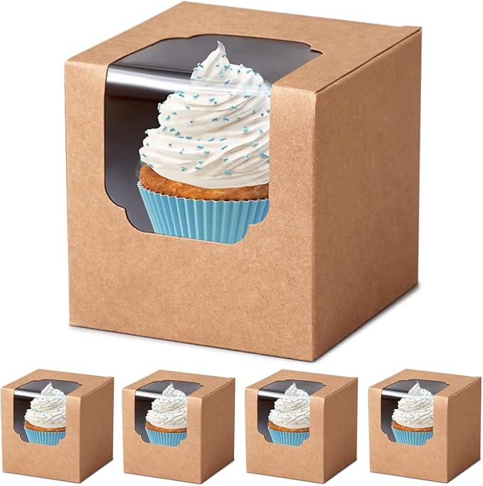 Individual Cupcake Boxes Brown with Window 30pcs for Mini and Standard Cupcakes, Auto-Popup Mini Cupcake Containers with Insert 3.5" x 3.5" x 3.5" for Birthday Baby Shower Gifting