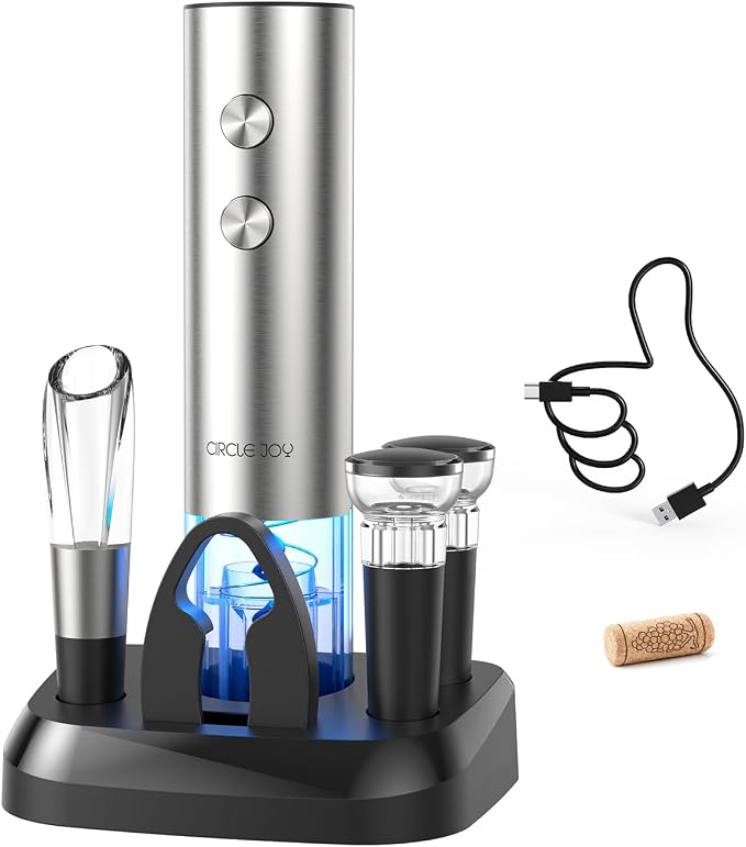 CIRCLE JOY Electric Wine Opener Stainless Steel Rechargeable Automatic Wine Bottle Opener Set 7-in-1 Wine Gifts for Wine Lovers with Charging Base, Foil Cutter, Wine Aerator Pourer & 2 Vacuum Stoppers