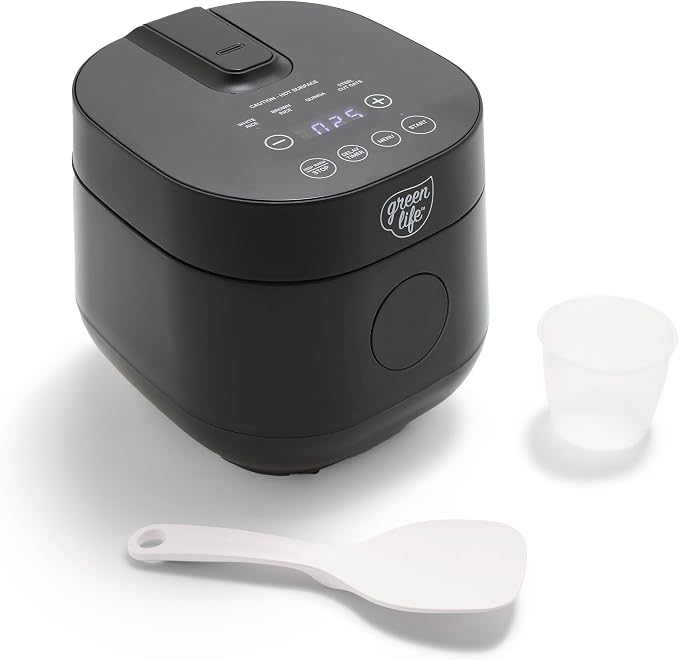 GreenLife Digital Rice Cooker, 2-Cups Uncooked/4-Cups Cooked, Removable Nonstick Ceramic PFAS-Free Pot, One-Touch Presets, Oats, Quinoa, Brown Rice, Auto Keep Warm, Fuzzy Logic Tech, 1.5QT, Black
