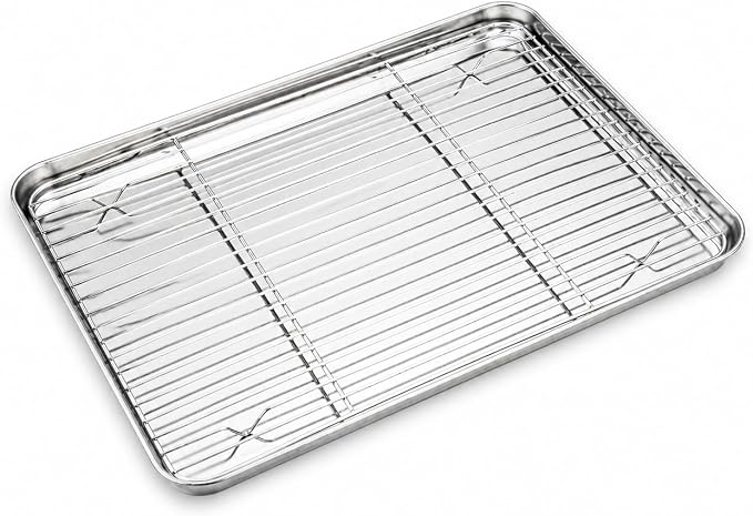 Onader Baking Sheet with Wire Rack, 16x12 Inch Stainless Steel Cookie Sheet with Cooling Racks for Cooking and Baking, Jelly Roll Pan for Oven, 1 Pan + 1 Rack, Nonstick & Rust Resistant