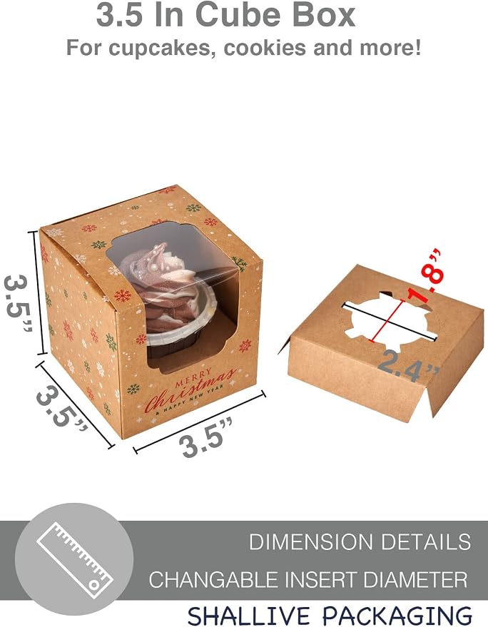 Christmas Individual Cupcake Containers with Window and Insert, Pre-Assembled Cocoa Bomb Packaging 60pcs Christmas Kraft Cupcake Boxes for Gifts