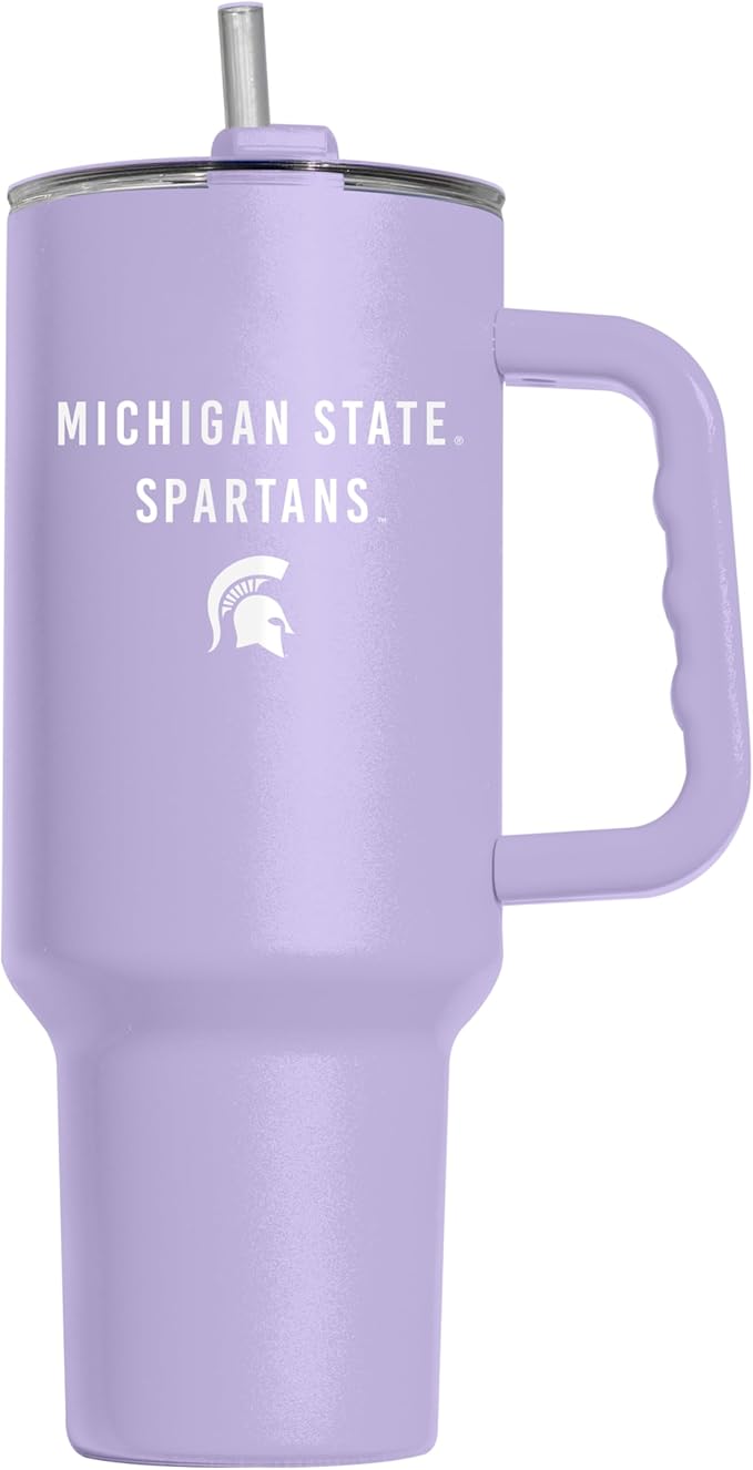 Logo Brands NCAA Michigan State Spartans Lavender 40 oz Tumbler with Handle - Stylish Everyday Use Powder Coated-Stainless Steel with Straw- Keeps Cold For Hours