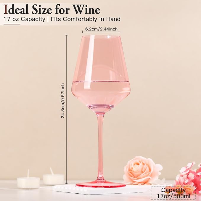 Pink Wine Glasses Set of 6, Handblown Colored Wine Glasse,Pink Coloful Glassware,17OZ for Red or White Wine,Wedding Gift, Anniversary, Christmas, Mothers Day Gifts,Gifts for My Wife