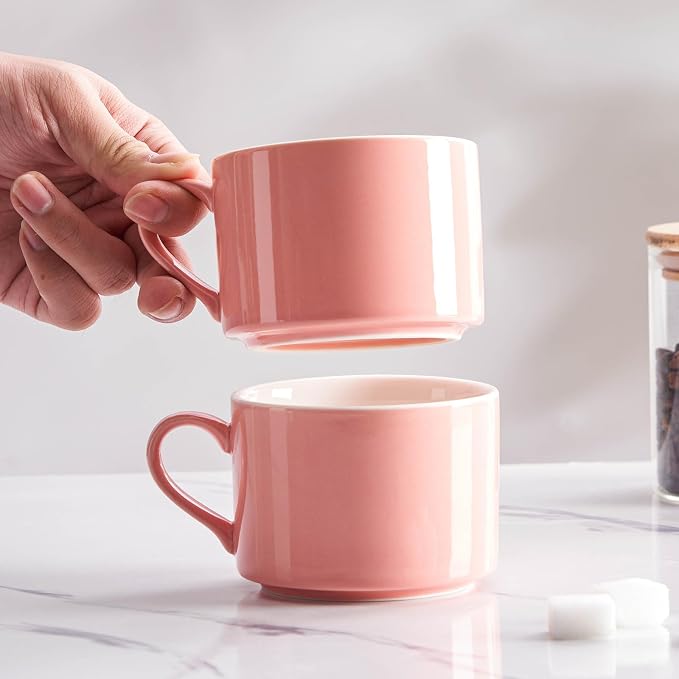 10oz Porcelain Stackable Coffee Mugs and Metal Stand Set of 4, Espresso Cups Set for Hot Drinks, Cappuccino, Tea-Pink