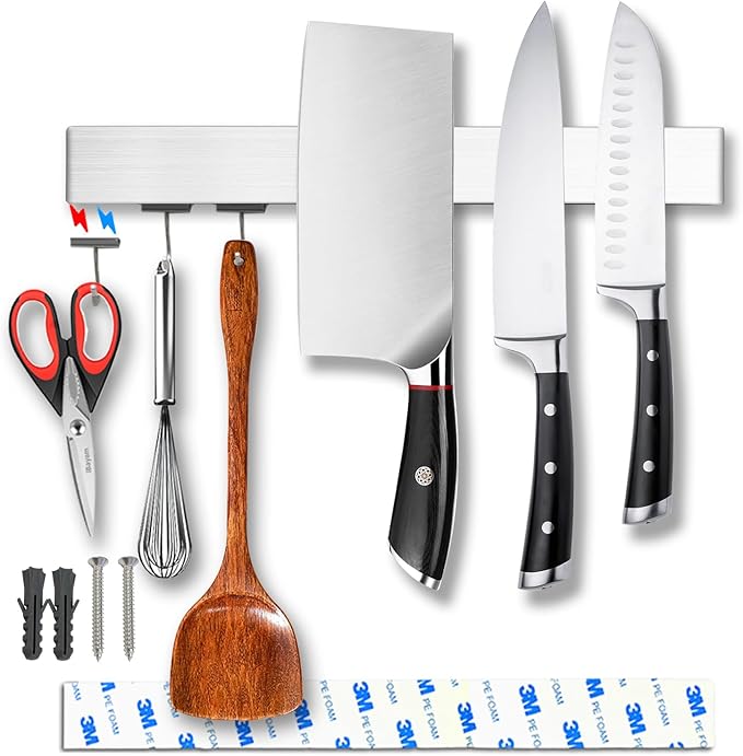 YIIYIIN 12 Inch Magnetic Knife Holder for Wall Mount with Magnetic Hooks - No-Drill Adhesive - Knife Magnetic Strip - 304 Stainless Steel Magnetic Kitchen Utensil Hanger/Holder/Rack/Bar