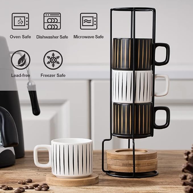 LUKA Porcelain Espresso Cup with Saucer and Metal Stand, 4 Ounce Stackable Ceramic Demitasse Espresso Mugs Cups Set for Latte, Specialty Coffee Drinks, Cafe Mocha,Tea - Set of 4, White & Black