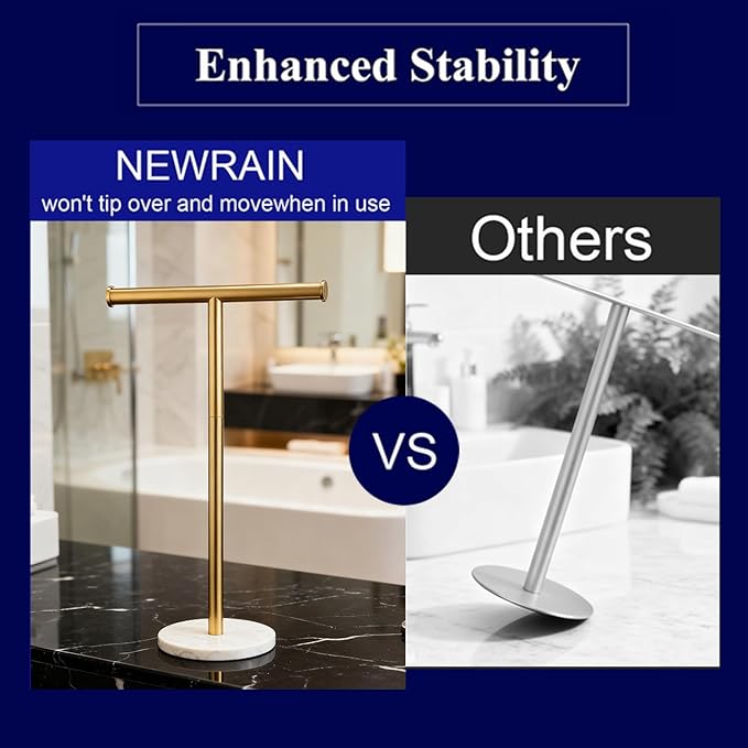 Hand Towel Holder, NEWRAIN Countertop Hand Towel Holder Stand, Stainless Steel Free Standing Hand Towel Rack with Heavy Marble Base, for Bathroom Kitchen & Counter top, Brushed Gold