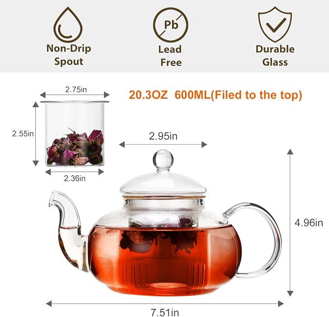 CnGlass 20.3oz Glass Teapot Stovetop Safe and 12oz (2-pack) Double Wall Glass Mugs