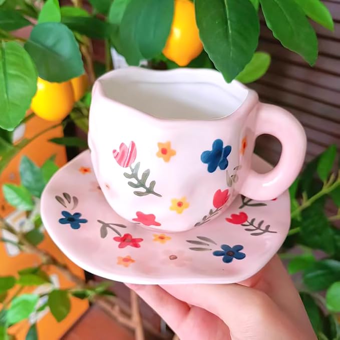 Noviko Flower Coffee Mug Pink Fancy Cup with Saucer Set for Women 10 oz