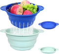 Collapsible Silicone Colander Wash Basin Set, Thickened Strainers bowls, for Kitchen, RV, Camping, Draining Pasta, Washing Fruit, Vegetable Storage(Blue+Green)