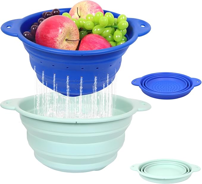 Collapsible Silicone Colander Wash Basin Set, Thickened Strainers bowls, for Kitchen, RV, Camping, Draining Pasta, Washing Fruit, Vegetable Storage(Blue+Green)