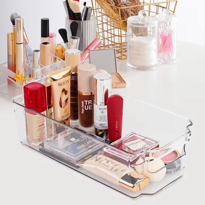 6-Piece Clear Plastic Storage Bin Set with Handles - Large (14.5"x7"x3.5") & Medium (12.4"x6.2"x3.5") Stackable Organizers, BPA-Free for Kitchen Pantry Fridge
