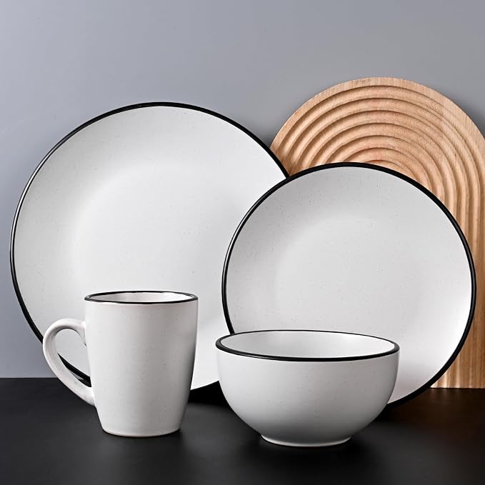 Homlouue 16 Pieces Stoneware Dinnerware Set, Speckled Ceramic Plates and Bowls Mugs Sets Service for 4, Ceramic Dishes Set, Microwave and Dishwasher Safe(White with Black Rim)