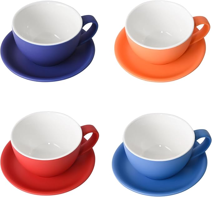 Yundu Ceramics Latte Cup and Saucer - 10 oz for Cappuccino,Tea,Cafe Mocha, Set of 4,Matte Mixed Color