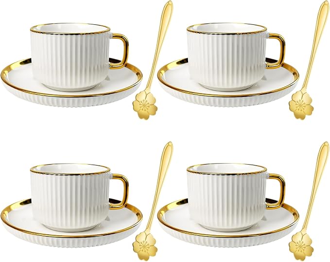 ALIMOTA 7oz White Gold Ceramic Coffee Mug Set of 4, Latte Mugs with Saucers and Spoons, White Latte Cups and Espresso Mug for Specialty Coffee Drinks, Latte, Cafe Mocha, Tea