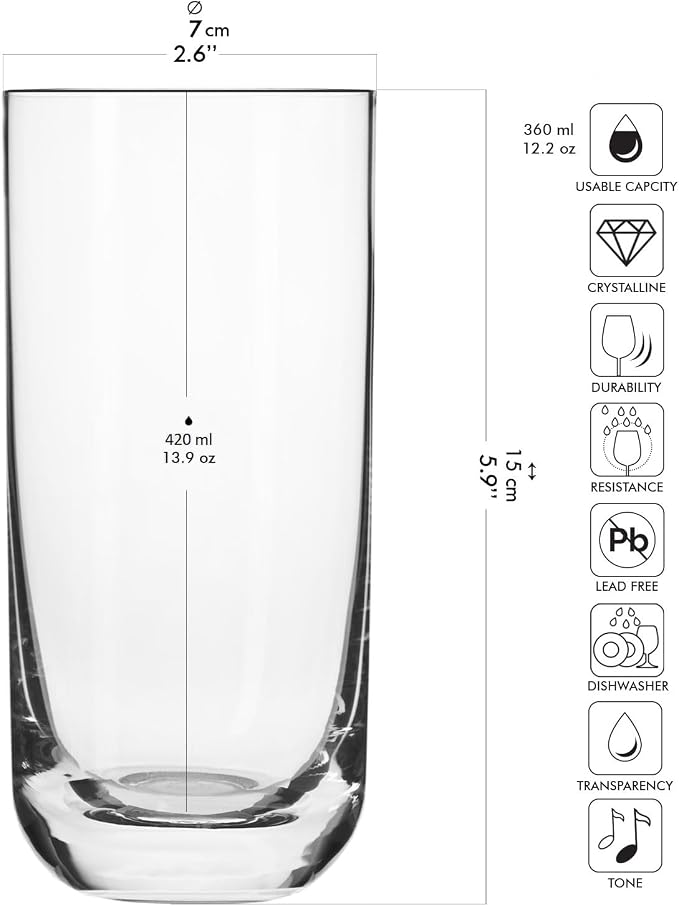 Krosno Long Tall Water Juice Mojito Drinking Glasses, Set of 6 Highball Glasses, 12.1 oz, Glamour Collection, Lead-Free Crystal Glass Drinking Glasses, Water Glasses, Made in Europe