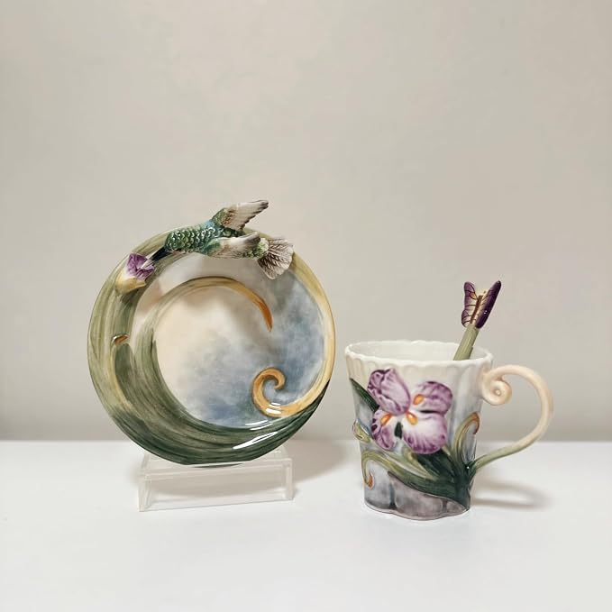 Ceramic Tea Cup and Saucer Set ，6OZ 3D Hand-painted Hummingbird and Flower Coffee Mug，Gift for Women