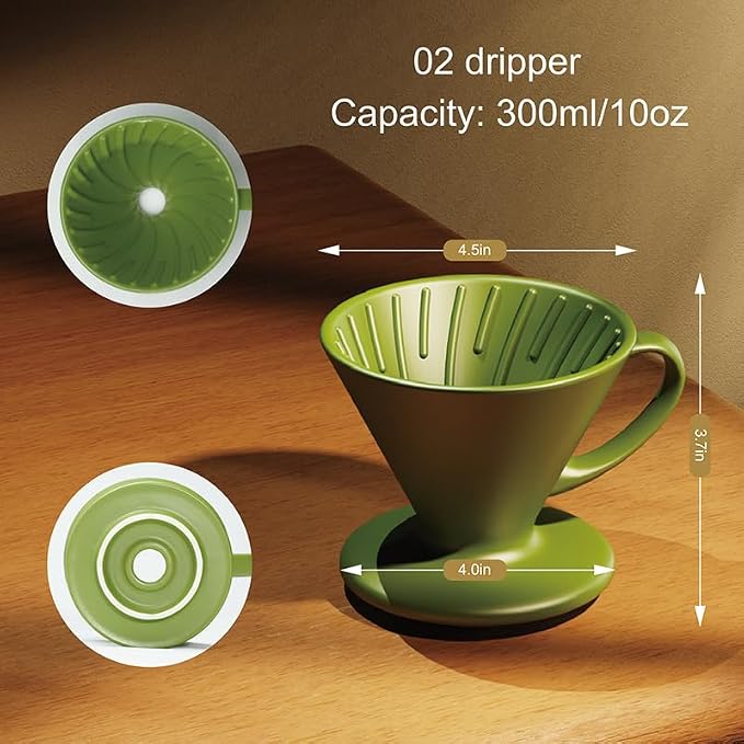 Artisan Series Coffee Dripper Made of High Fired Ceramic Material, Size 02, Ceramic Pour Over Coffee Maker Filter, Coffee Slow Brewing Accessories for Home, Office and Cafe, Green