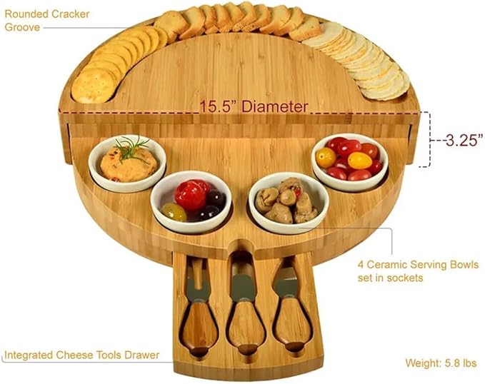 Bamboo Cheese Board Set with Cutlery, Foldable Charcuterie Board with Ceramic Bowls and Knife Set, Portable Serving Tray for Cheese, Steak, Pizza (Half Round with Small Bowl Knife and Fork)