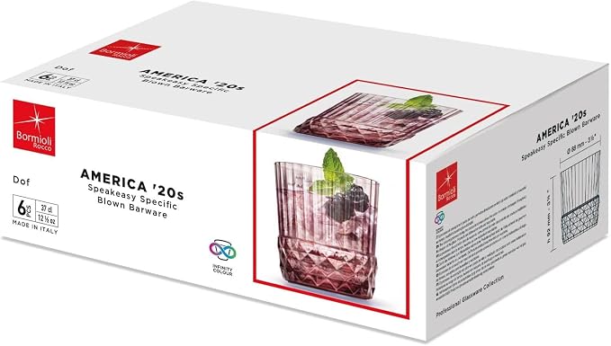 Bormioli Rocco America '20s Set Of 6 DOF Glasses, 12.5 Oz. Colored Crystal Glass, Lilac Rose, Made in Italy