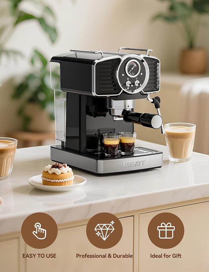 SUMSATY 20 Bar Espresso Machine Retro with Powerful Milk Frother, Black | Visual Pressure Gauge Espresso Coffee Machine 1350W Fast Heating Home Barista for Cappucino Latte Maker, 61oz Water Tank