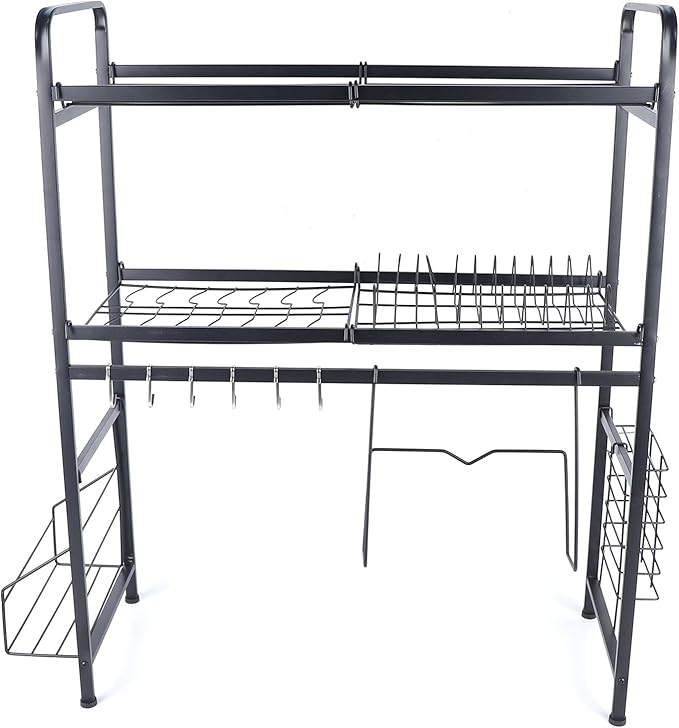 Stainless Steel Kitchen Storage Organizer Rack,Dish Drying Rack, 2 Tier Over The Sink Dish, Plate, Cup Drying Rack,Dish Drainer Storage Rack for Chicken Counter (Black)