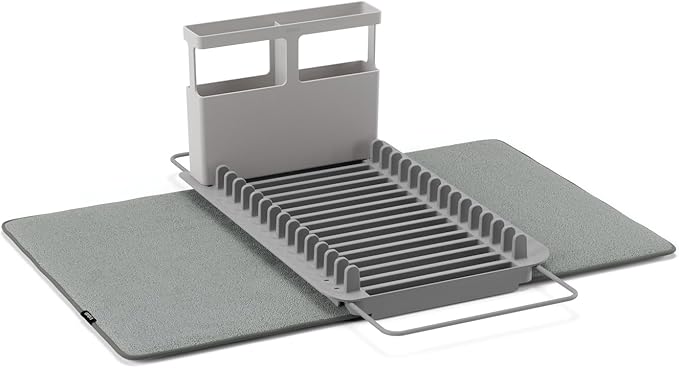 HomeStock Over Sink Dish Rack & Drying Mat - 16 Slot Organizer, Utensil Caddy, Compact Storage