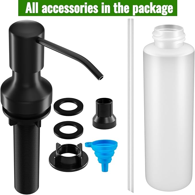 Soap Dispenser for Kitchen Sink, Kitchen Sink Soap Dispenser with 17 OZ Bottle, Refill from The Top Bar, Longer Threaded Shaft Shank, Wide Pump Head Base (Black)
