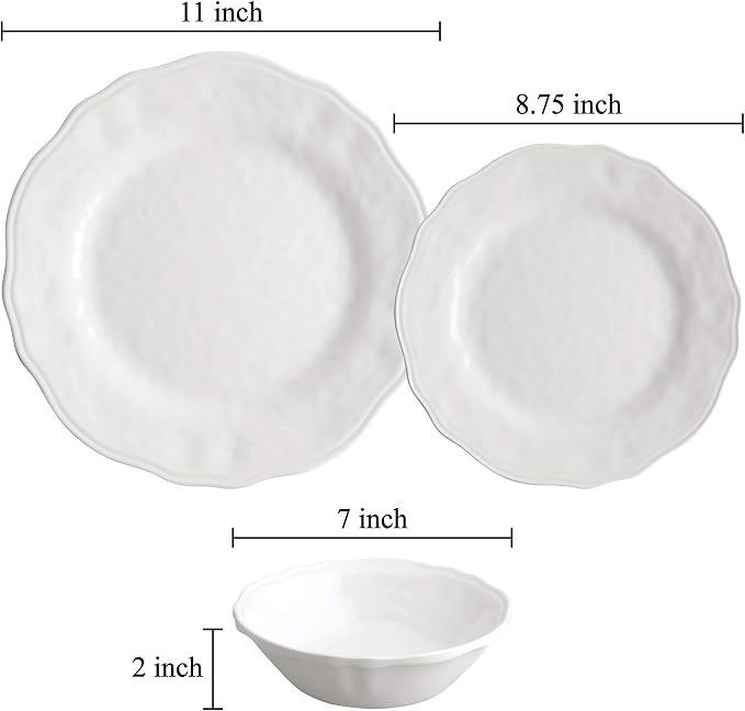 UPware 12 Piece Dimple Melamine Dinnerware Sets, Outdoor Dishes Set, Plates and Bowls Sets, Service for 4, White