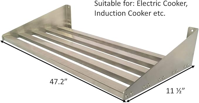 304 Stainless Steel Standard Wall Shelf, Cookware Storage Organizer, Kitchen Wall Pot Pan Rack,With 6 Hooks, Capacity 200 lb (47.2" x 11.5") suitable for Electric or Induction Cooker