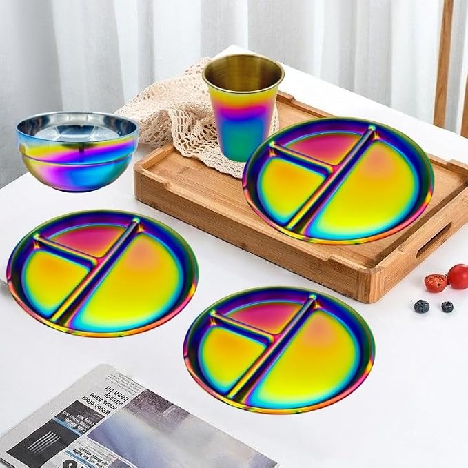 12-Piece Stainless Steel Rainbow Dinnerware Set for 4 | Unbreakable Reusable, Divided Plates Bowls Cups, Round, Dishwasher Safe, For Kitchen Camping Picnic RV