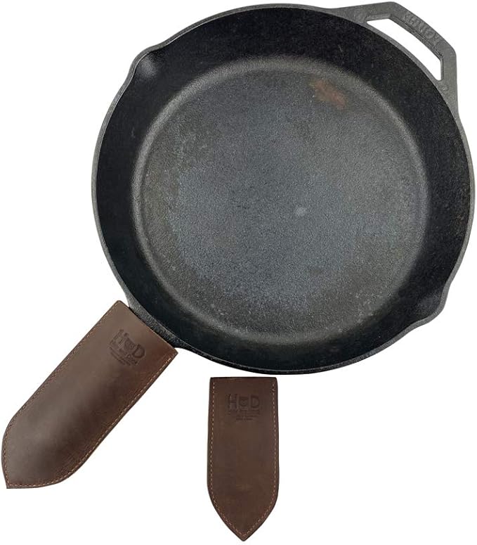 Hide & Drink, Rustic Thick Leather Cast Iron Hot Handle Covers - Large & Small Panhandle Grips for Heat Protection - Kitchen Essentials Handmade