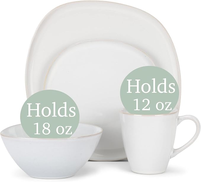 Elanze Designs 16-Piece Modern Luxury Chic Smooth Vintage Handmade Shape High Gloss Ceramic Stoneware Square Plate Mug & Bowl Kitchen Dinnerware 16 Piece Set - Service for 4, White