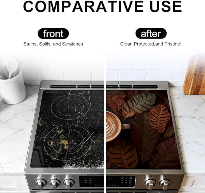 Stove Top Cover for Electric Stove 28.4 x 20.5 Inch Non Slip Stove Mat Oil Proof Coffee Leaves Glass Cooktop Protector Kitchen Counter Mat