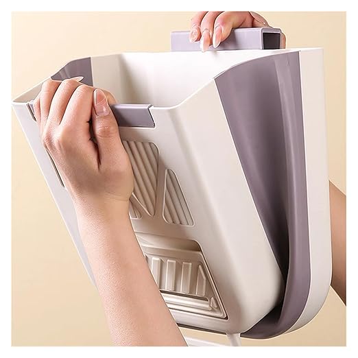Collapsible Hanging Kitchen Trash Can No Bending Waist Bin Convenient Cleaning Garbage Disposal for Home Use Large Size Foldable Kitchen Can Wall Mounte(Beige)